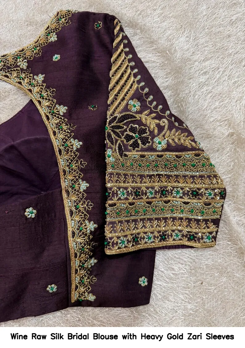 Wine Raw Silk Bridal Blouse with Heavy Gold Zari Sleeves