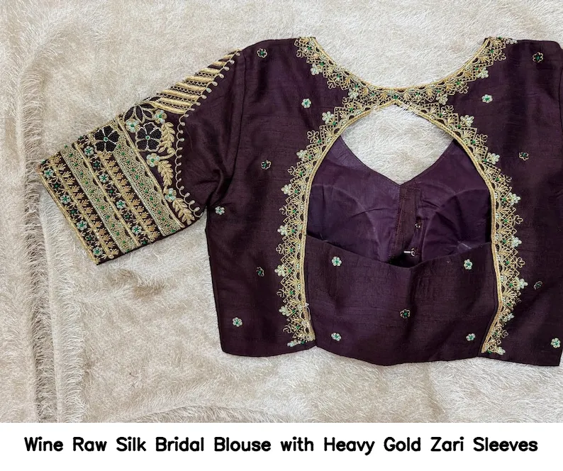 Wine Raw Silk Bridal Blouse with Heavy Gold Zari Sleeves