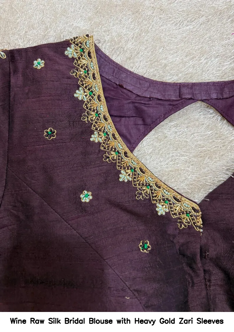 Wine Raw Silk Bridal Blouse with Heavy Gold Zari Sleeves