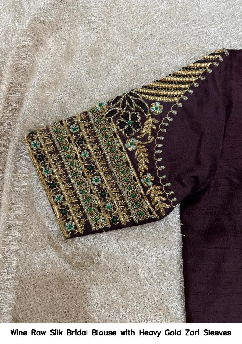 Wine Raw Silk Bridal Blouse with Heavy Gold Zari Sleeves
