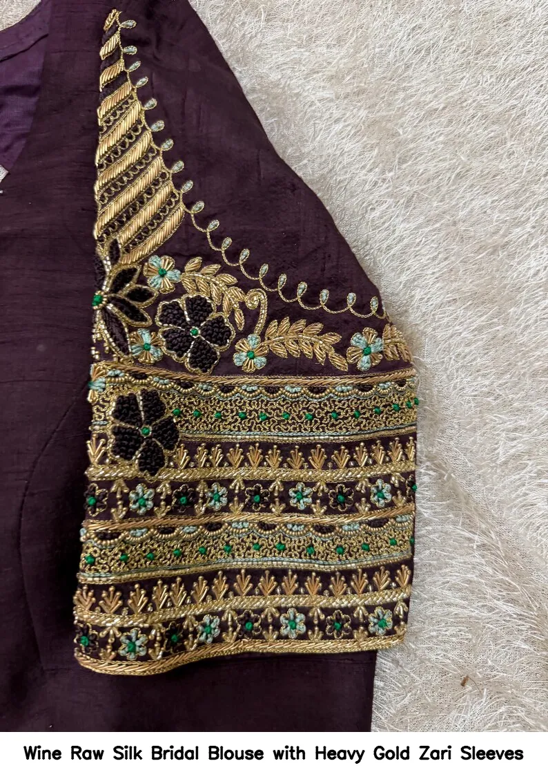 Wine Raw Silk Bridal Blouse with Heavy Gold Zari Sleeves