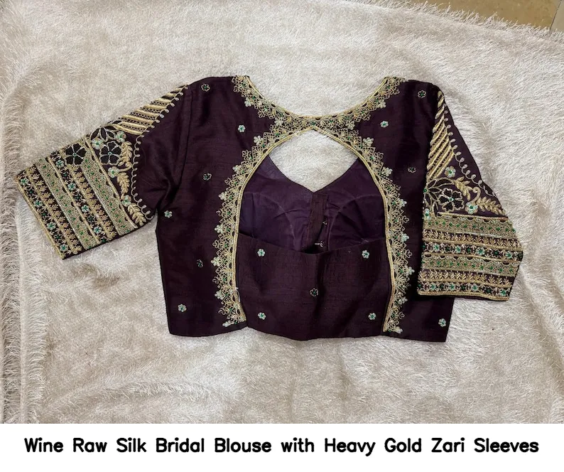 Wine Raw Silk Bridal Blouse with Heavy Gold Zari Sleeves