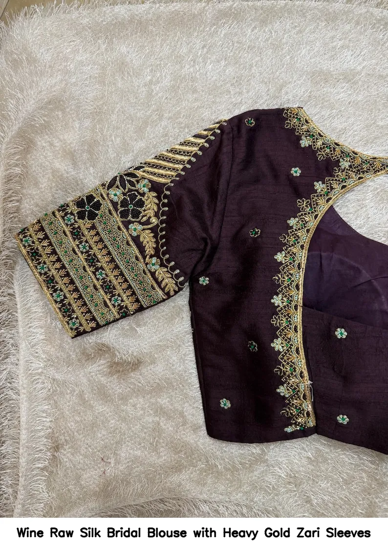 Wine Raw Silk Bridal Blouse with Heavy Gold Zari Sleeves