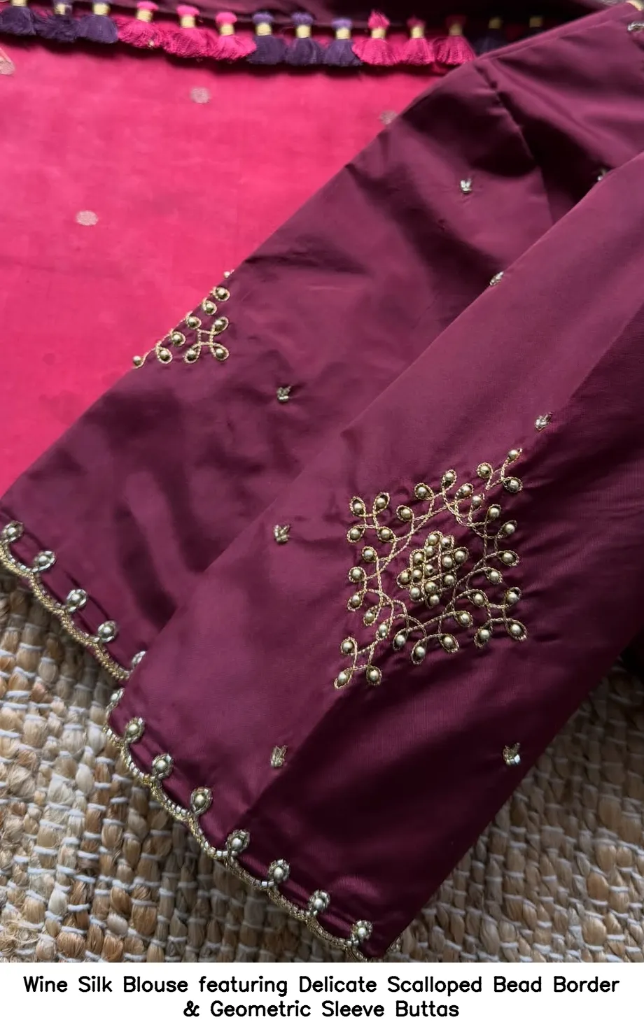 Wine Silk Blouse featuring Delicate Scalloped Bead Border & Geometric Sleeve Buttas