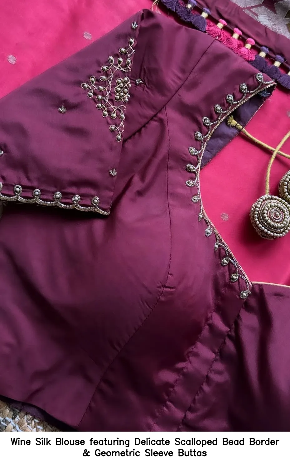 Wine Silk Blouse featuring Delicate Scalloped Bead Border & Geometric Sleeve Buttas
