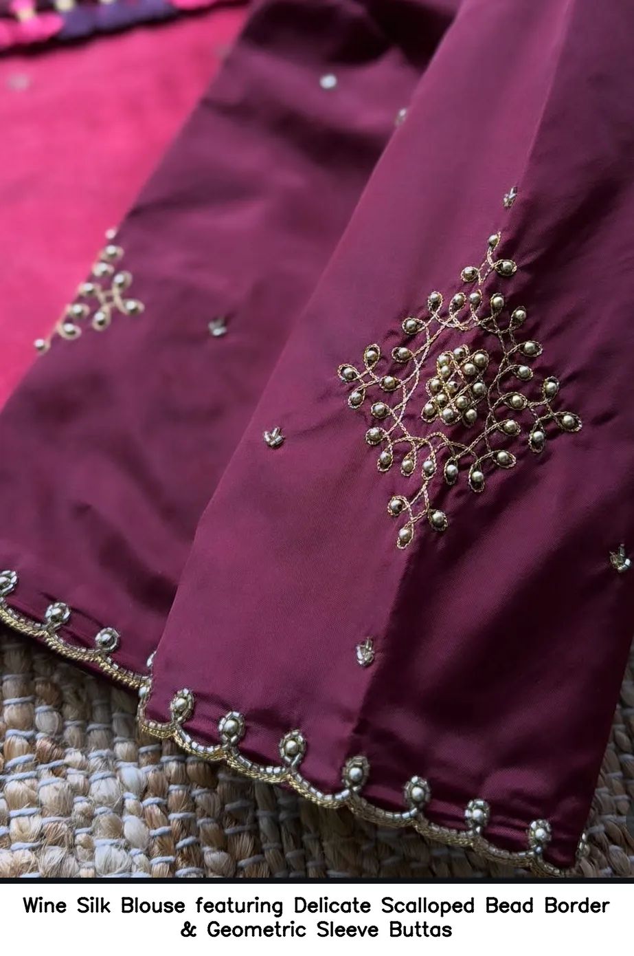 Wine Silk Blouse featuring Delicate Scalloped Bead Border & Geometric Sleeve Buttas