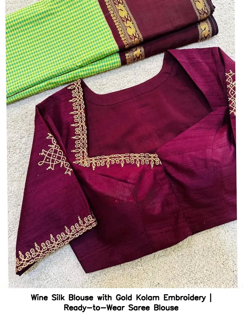 Wine Silk Blouse with Gold Kolam Embroidery | Ready-to-Wear Saree Blouse