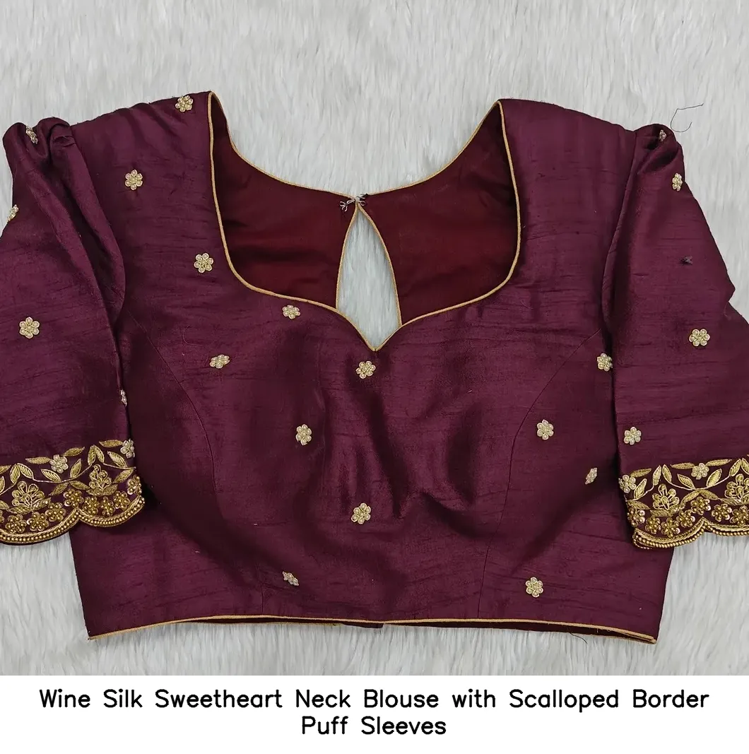 Wine Silk Sweetheart Neck Blouse with Scalloped Border Puff Sleeves