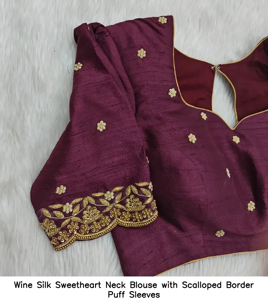 Wine Silk Sweetheart Neck Blouse with Scalloped Border Puff Sleeves