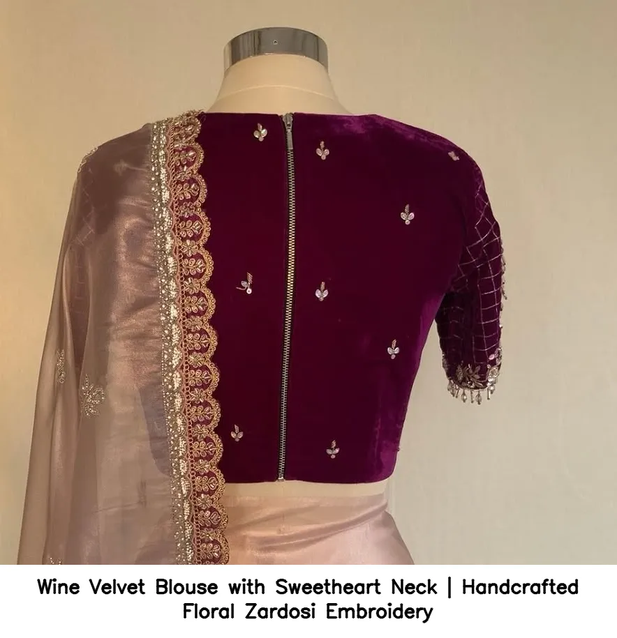 Wine Velvet Blouse with Sweetheart Neck | Handcrafted Floral Zardosi Embroidery