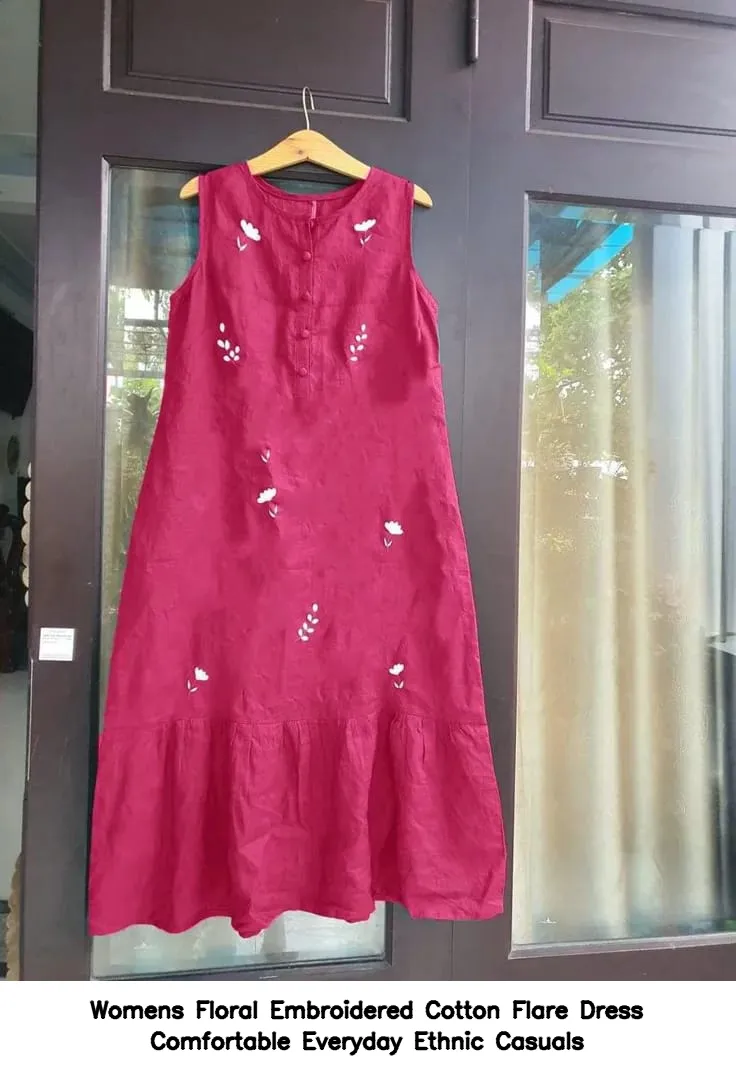 Women’s Floral Embroidered Cotton Flare Dress – Comfortable Everyday Ethnic Casuals