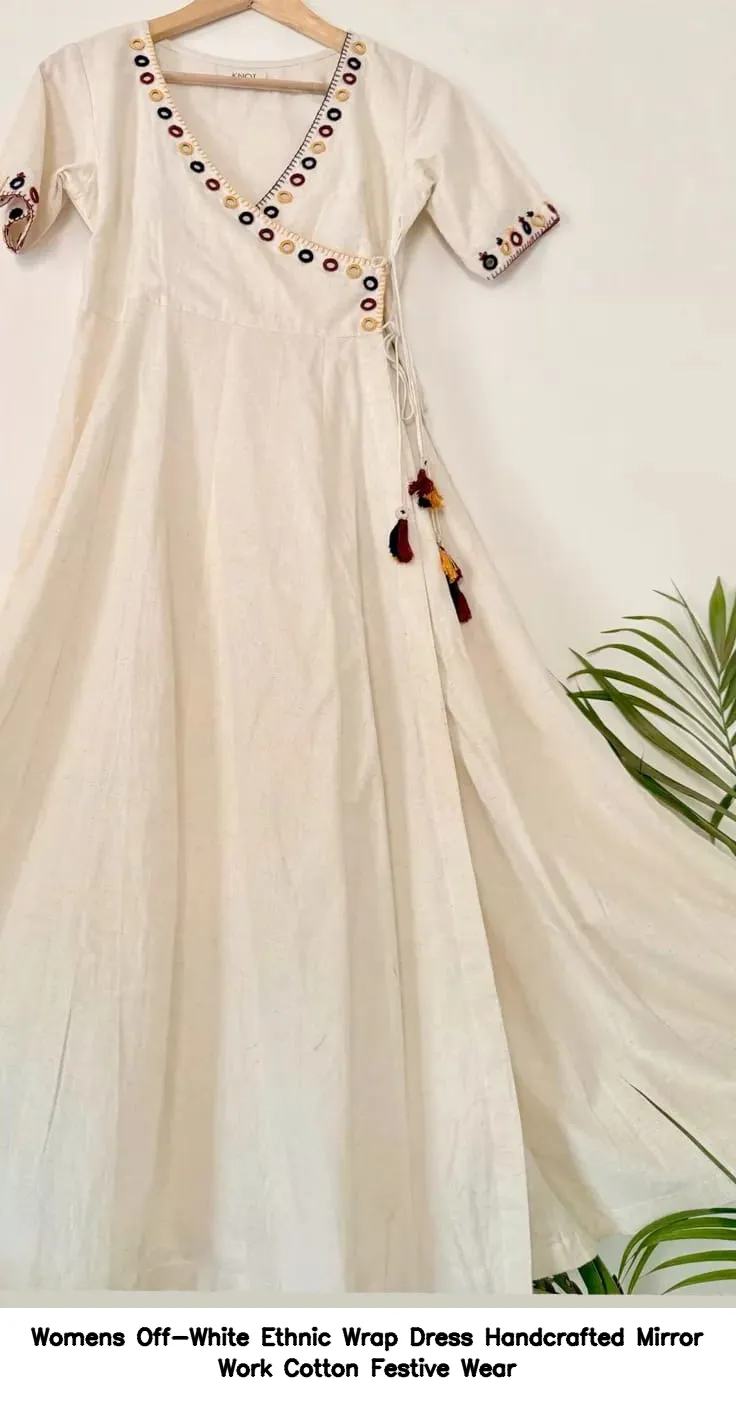 Women’s Off-White Ethnic Wrap Dress – Handcrafted Mirror Work Cotton Festive Wear