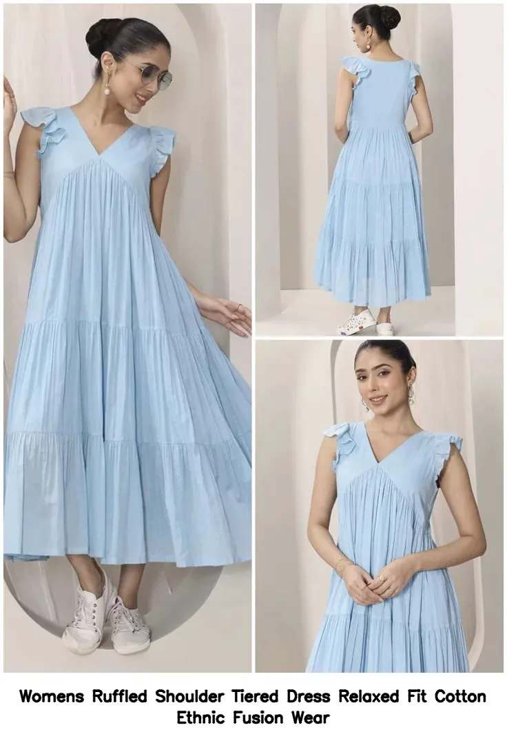 Women’s Ruffled Shoulder Tiered Dress – Relaxed Fit Cotton Ethnic Fusion Wear