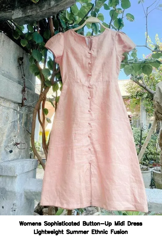 Women’s Sophisticated Button-Up Midi Dress – Lightweight Summer Ethnic Fusion