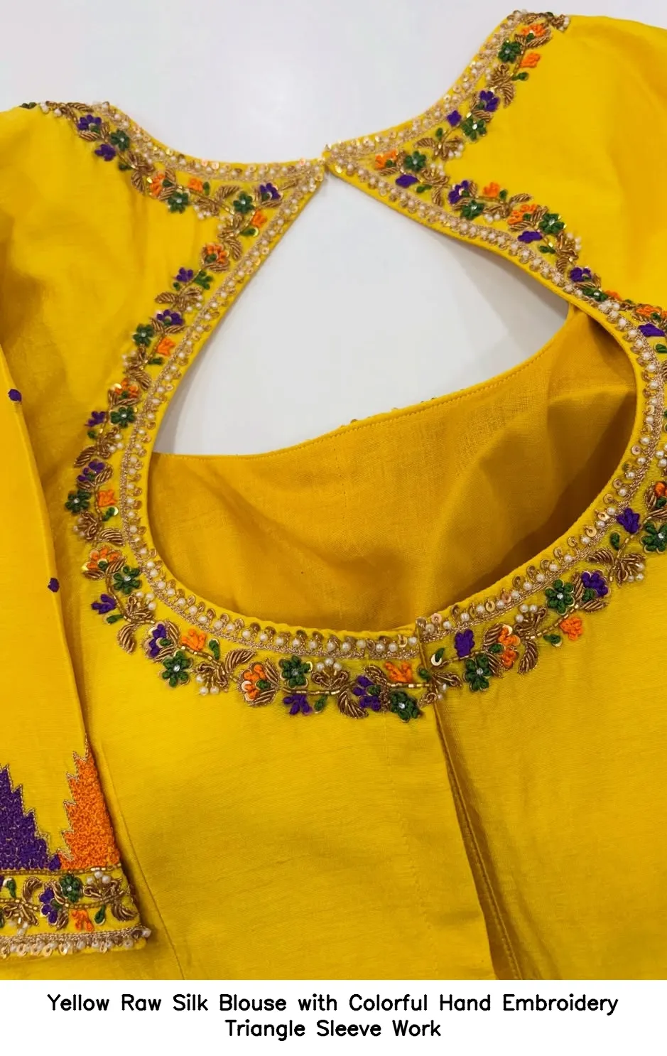 Yellow Raw Silk Blouse with Colorful Hand Embroidery Triangle Sleeve Work