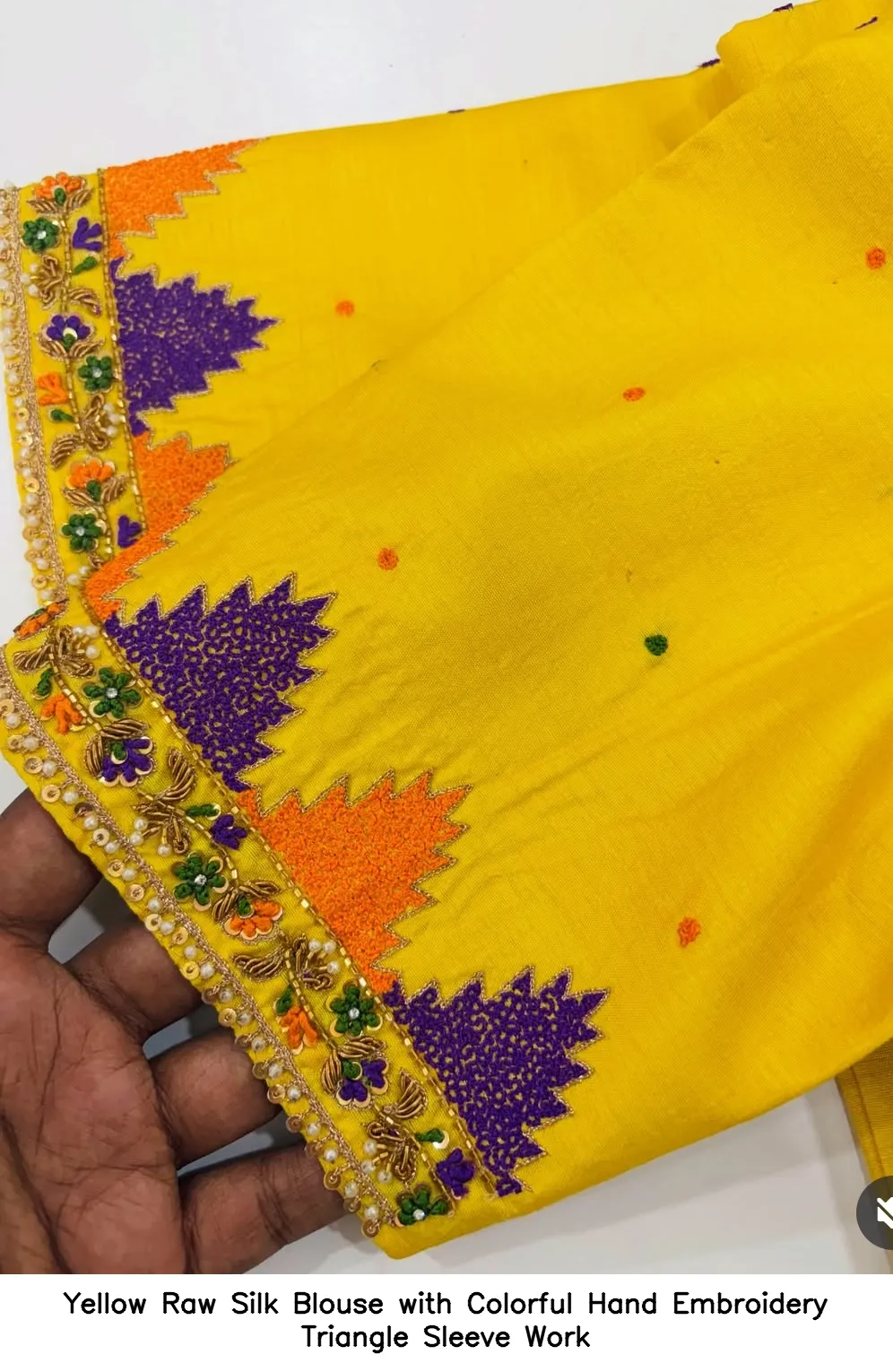 Yellow Raw Silk Blouse with Colorful Hand Embroidery Triangle Sleeve Work