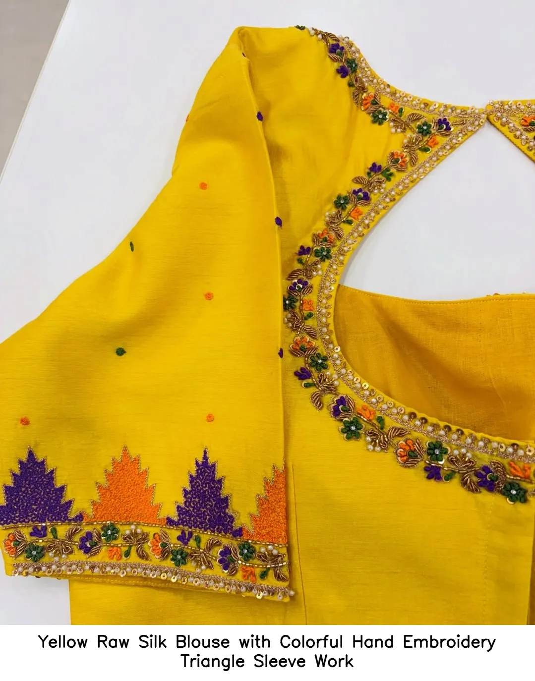 Yellow Raw Silk Blouse with Colorful Hand Embroidery Triangle Sleeve Work