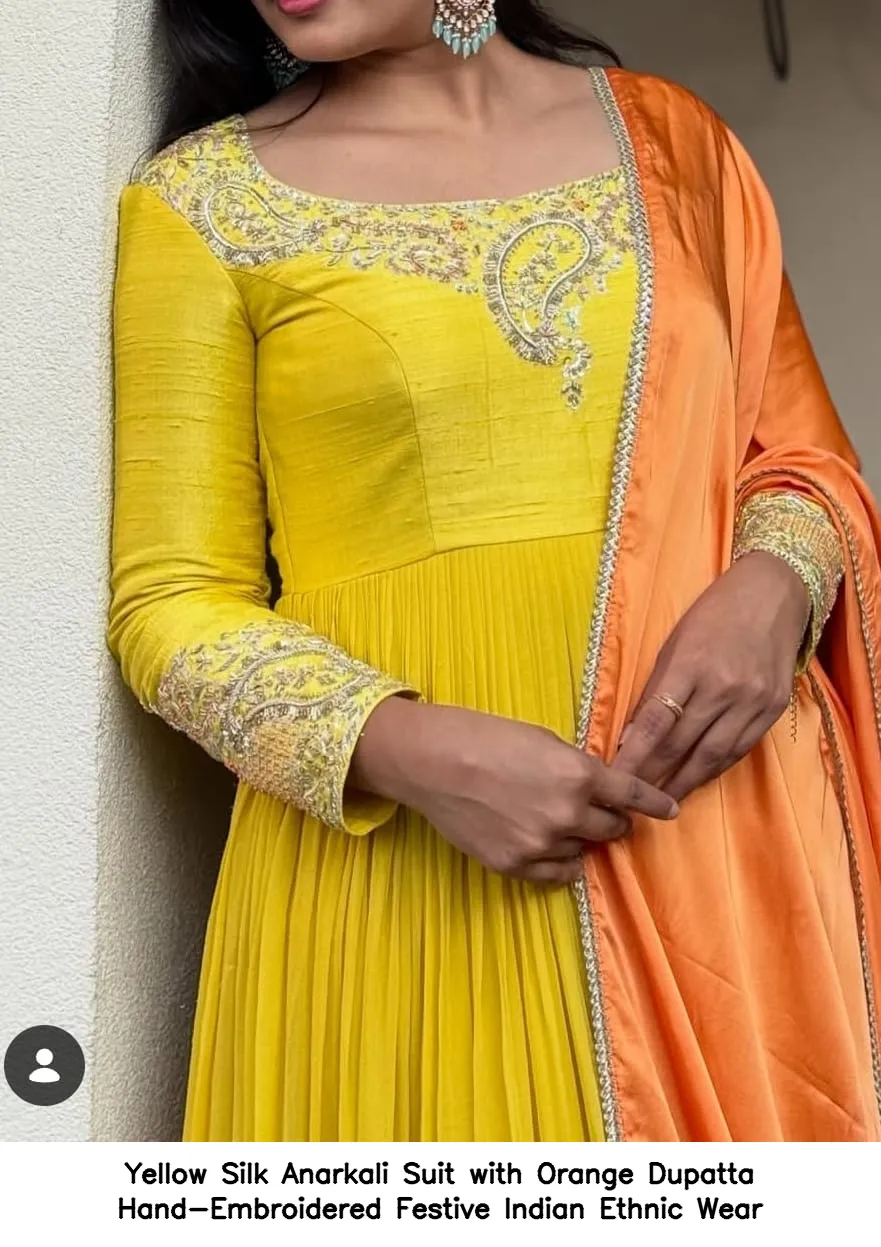 Yellow Silk Anarkali Suit with Orange Dupatta – Hand-Embroidered Festive Indian Ethnic Wear