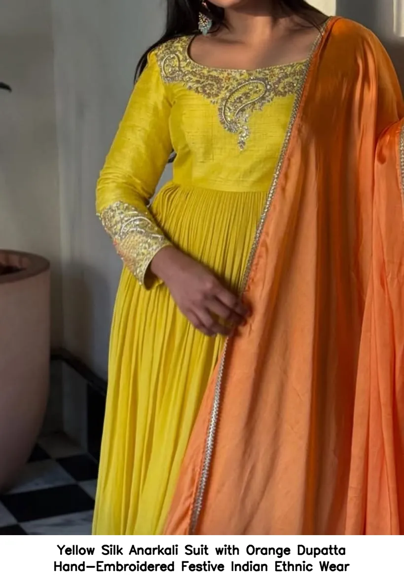 Yellow Silk Anarkali Suit with Orange Dupatta – Hand-Embroidered Festive Indian Ethnic Wear 2