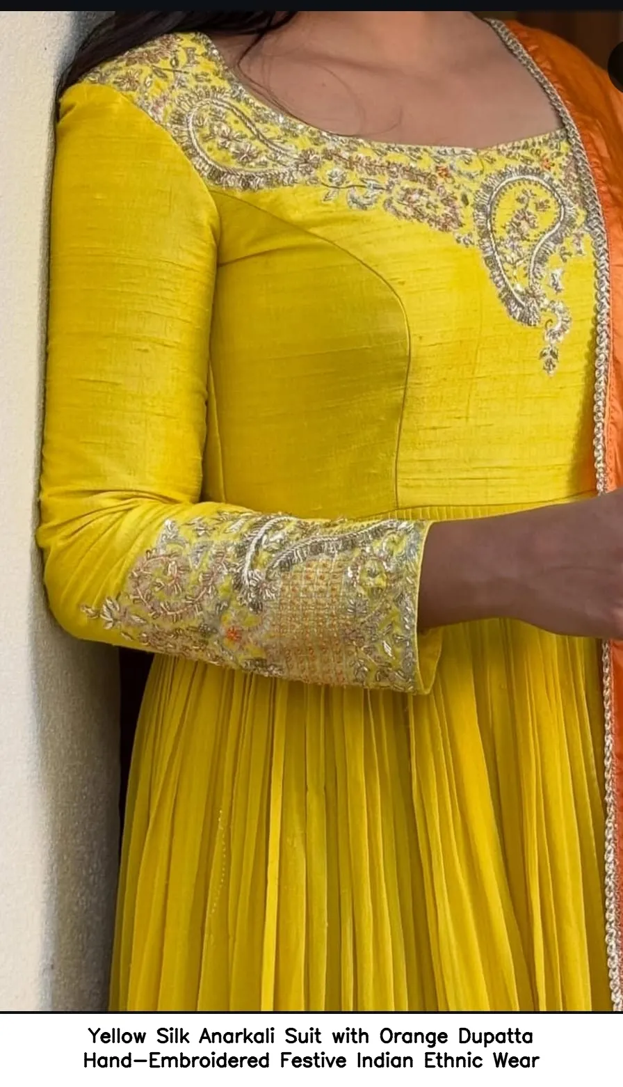 Yellow Silk Anarkali Suit with Orange Dupatta – Hand-Embroidered Festive Indian Ethnic Wear 3