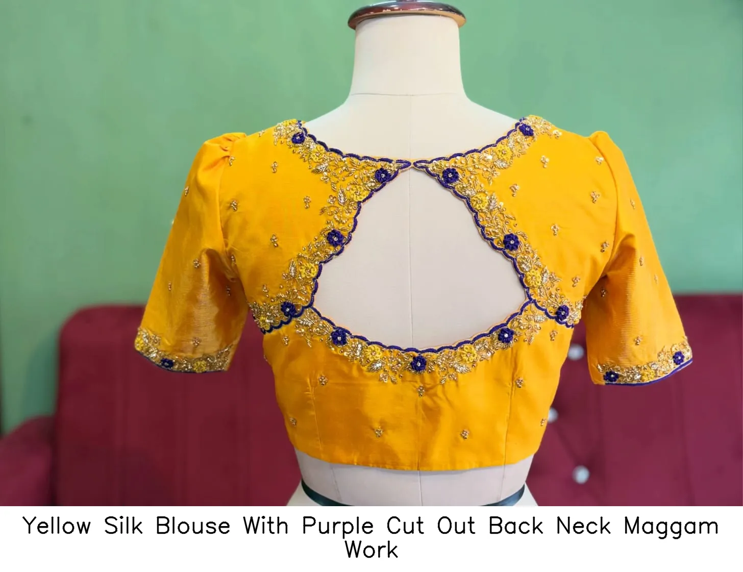 Yellow Silk Blouse With Purple Cut Out Back Neck Maggam Work