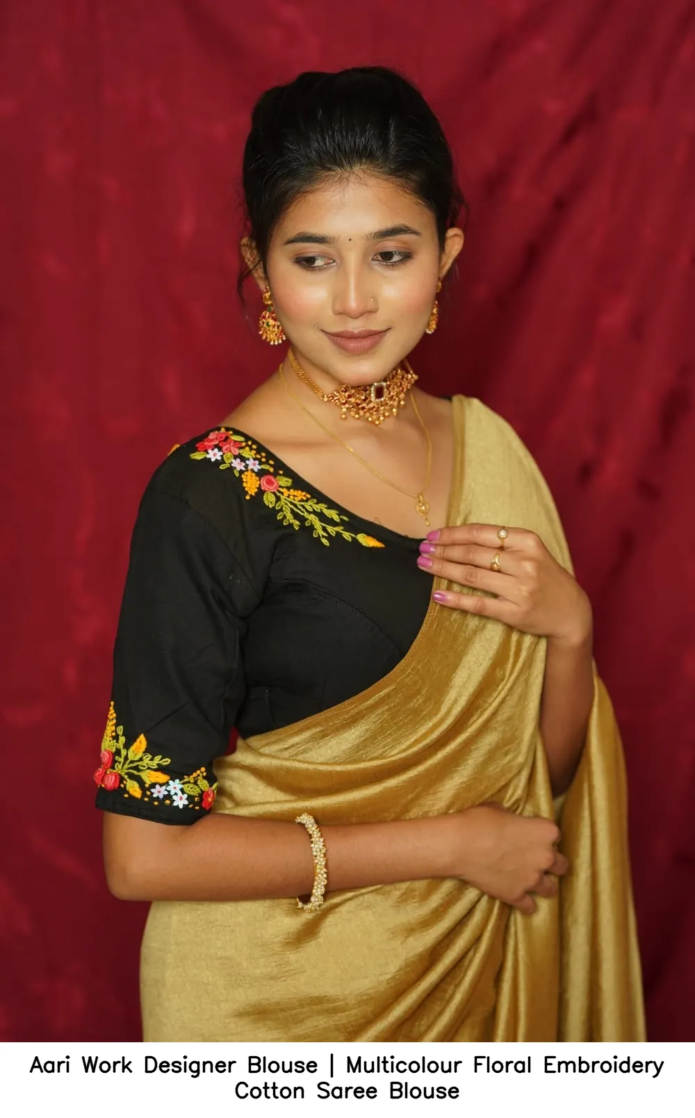 Aari Work Designer Blouse | Multicolour Floral Embroidery Cotton Saree Blouse 3