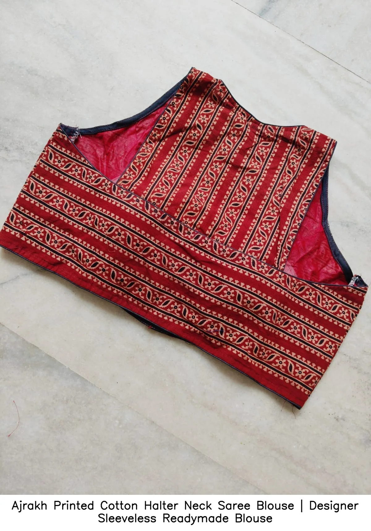 Ajrakh Printed Cotton Halter Neck Saree Blouse | Designer Sleeveless Readymade Blouse 2