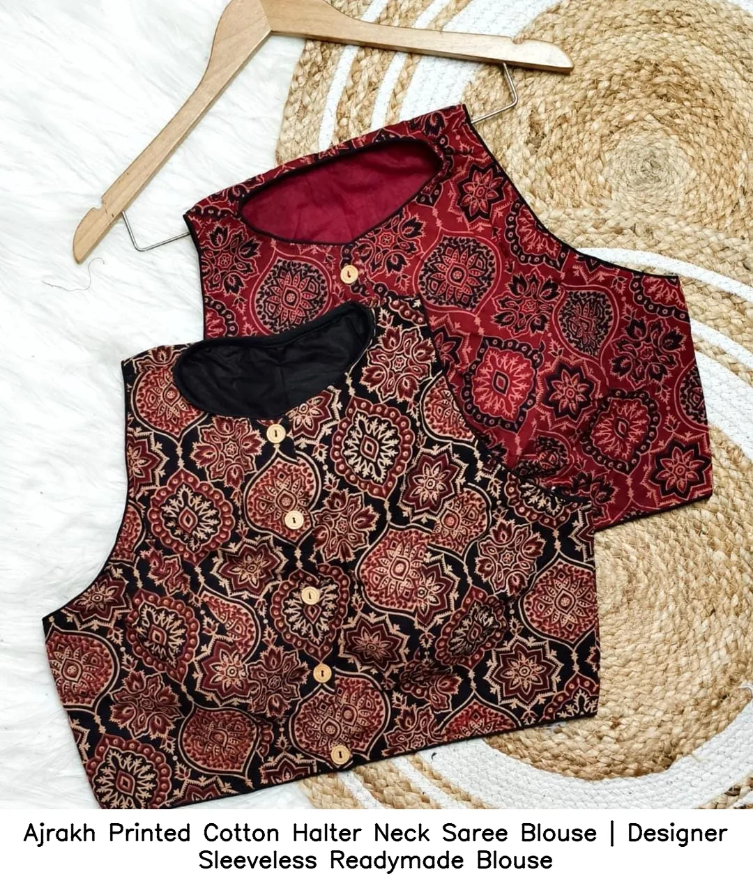 Ajrakh Printed Cotton Halter Neck Saree Blouse | Designer Sleeveless Readymade Blouse 3