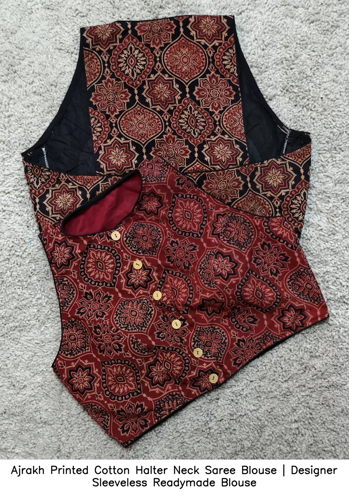 Ajrakh Printed Cotton Halter Neck Saree Blouse | Designer Sleeveless Readymade Blouse 4