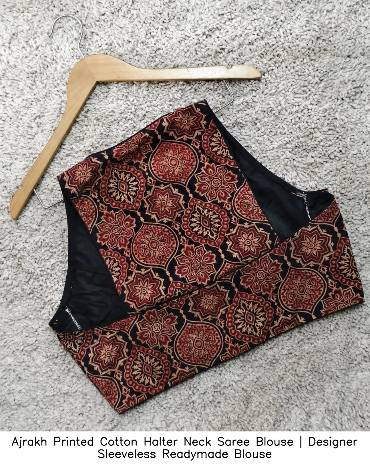 Ajrakh Printed Cotton Halter Neck Saree Blouse | Designer Sleeveless Readymade Blouse 5