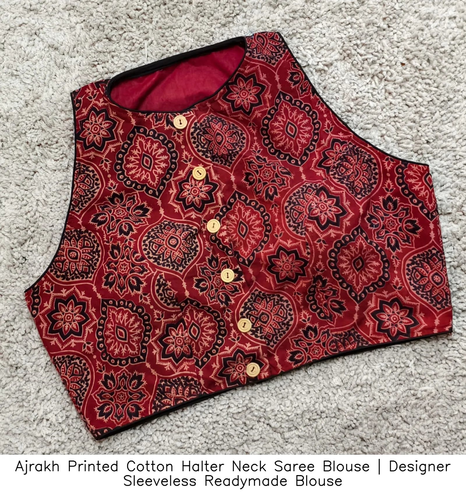 Ajrakh Printed Cotton Halter Neck Saree Blouse | Designer Sleeveless Readymade Blouse 6