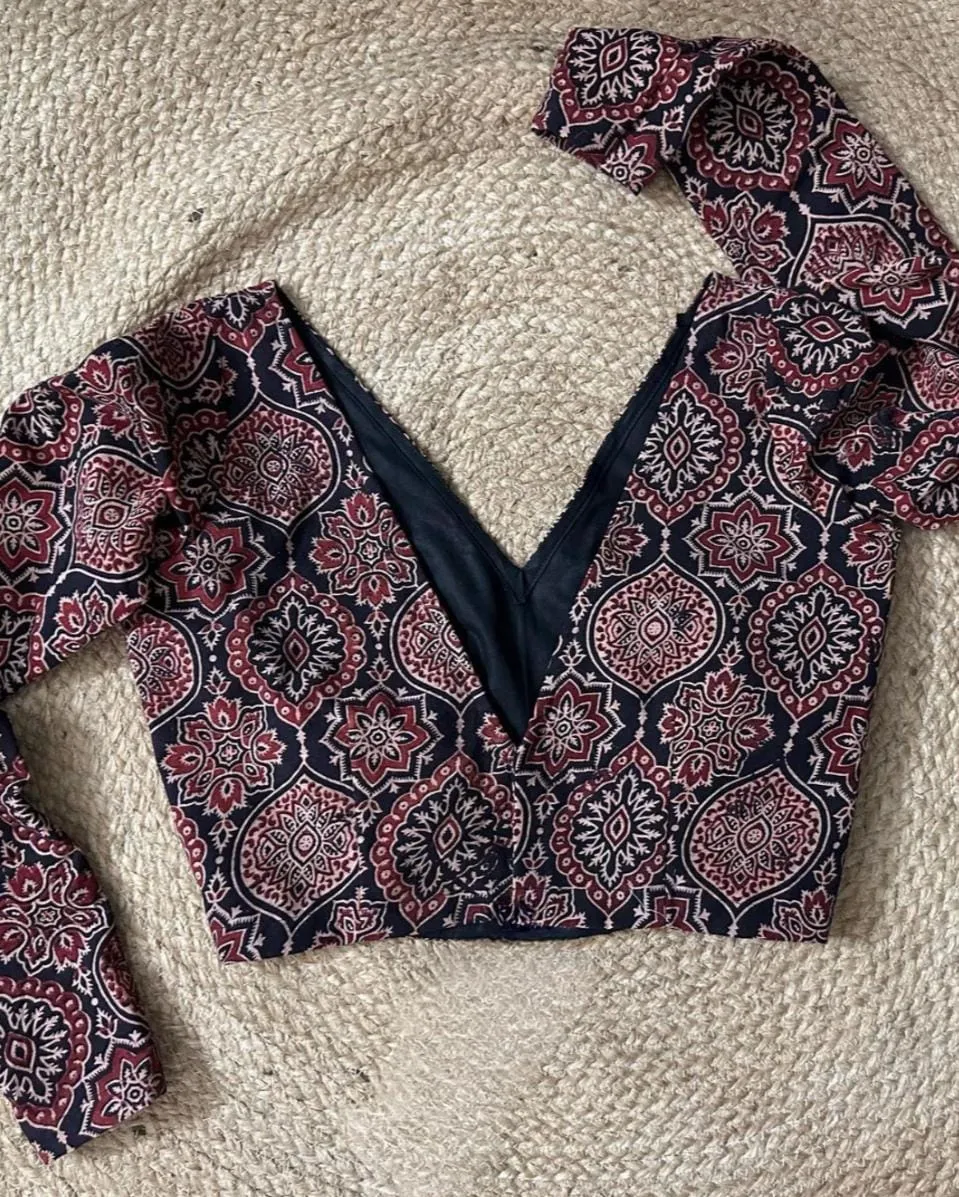 Ajrakh Printed Deep V-Neck Full Sleeves Saree Blouse | Designer Cotton Readymade Blouse