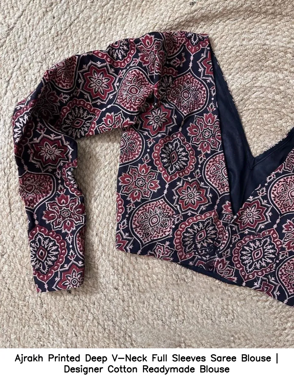 Ajrakh Printed Deep V-Neck Full Sleeves Saree Blouse | Designer Cotton Readymade Blouse 4