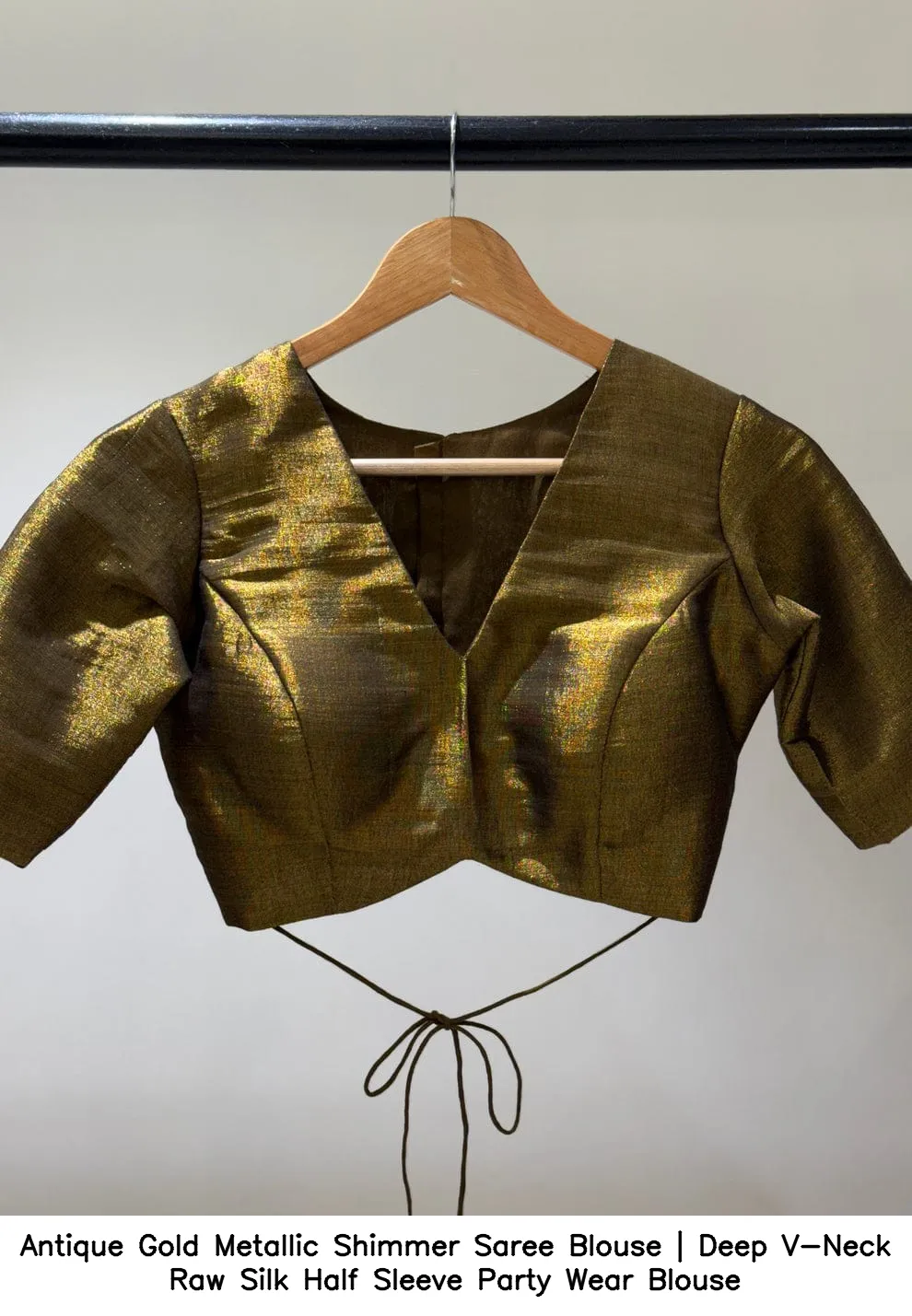 Antique Gold Metallic Shimmer Saree Blouse | Deep V-Neck Raw Silk Half Sleeve Party Wear Blouse
