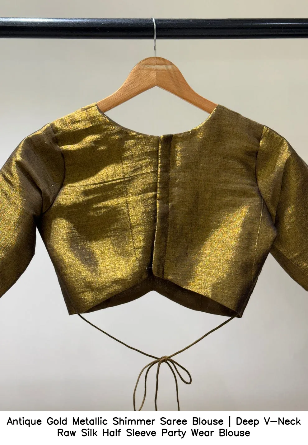 Antique Gold Metallic Shimmer Saree Blouse | Deep V-Neck Raw Silk Half Sleeve Party Wear Blouse 2