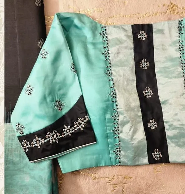 Aqua Blue Silk Blouse with Contrast Black Panel & Kasuti Embroidery | Readymade Ethnic Saree Blouse