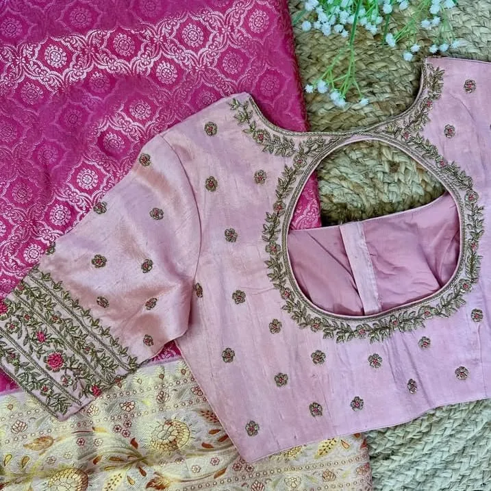Baby Pink Maggam Work Blouse with Keyhole Back | Designer Silk Saree Blouse 1