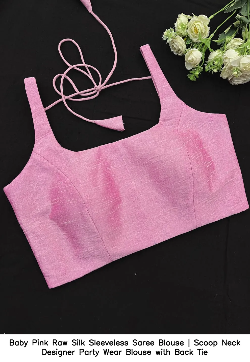 Baby Pink Raw Silk Sleeveless Saree Blouse | Scoop Neck Designer Party Wear Blouse with Back Tie