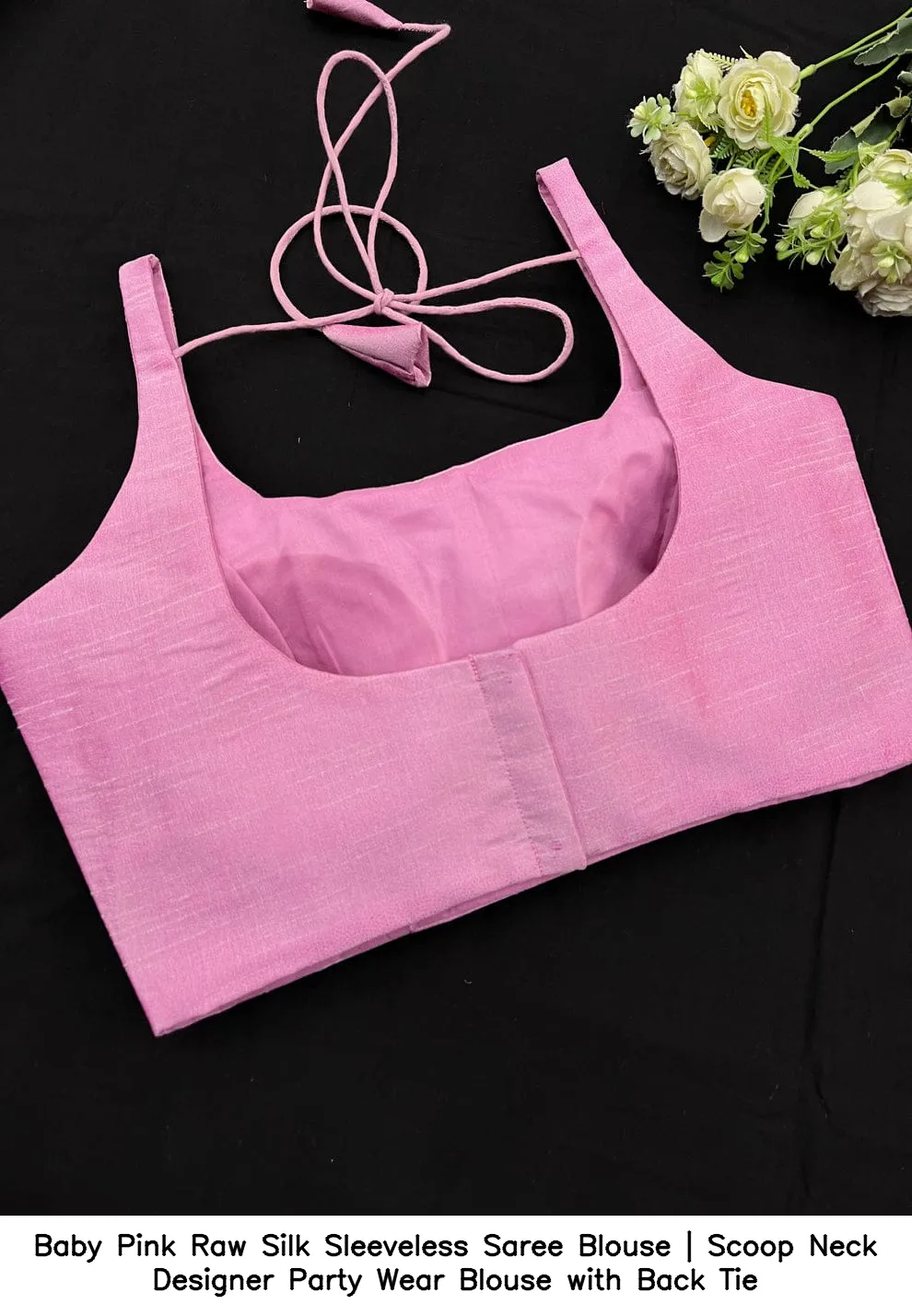 Baby Pink Raw Silk Sleeveless Saree Blouse | Scoop Neck Designer Party Wear Blouse with Back Tie 2