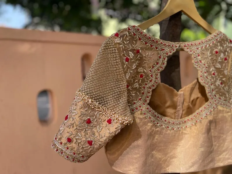 Beige Gold Tissue Silk Blouse with Red Floral Embroidery | Sheer Net Back Aari Work Saree Blouse