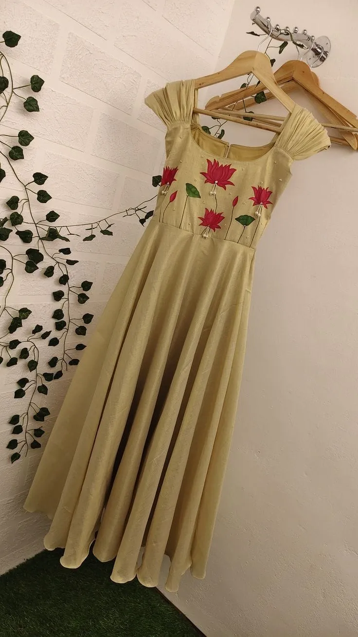 Beige Hand-Painted Lotus Motif A-Line Dress | Designer Ethnic Wear for Women