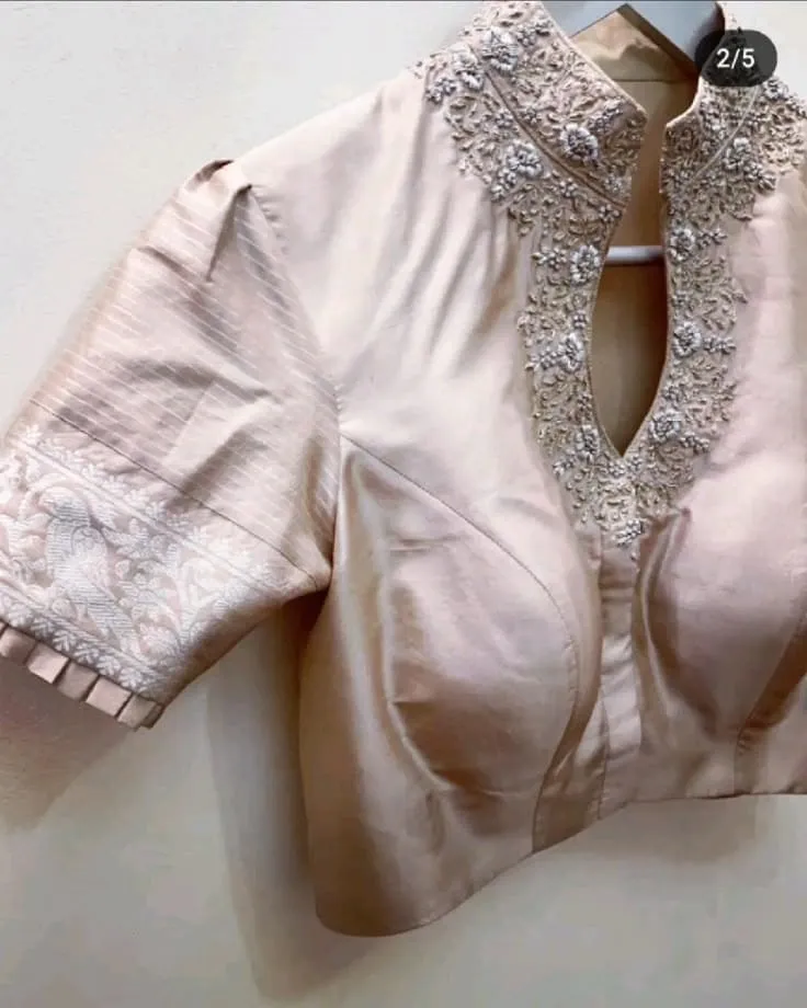 Beige High Collar Designer Saree Blouse – Aari Work Elbow Sleeve Bridal Blouse 1