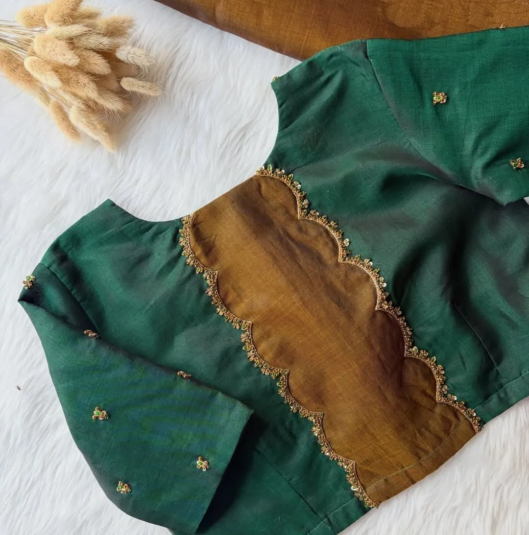 Beige Silk Maggam Work Blouse - Purple Patchwork Back & Scalloped Sleeve Embroidered Saree Blouse