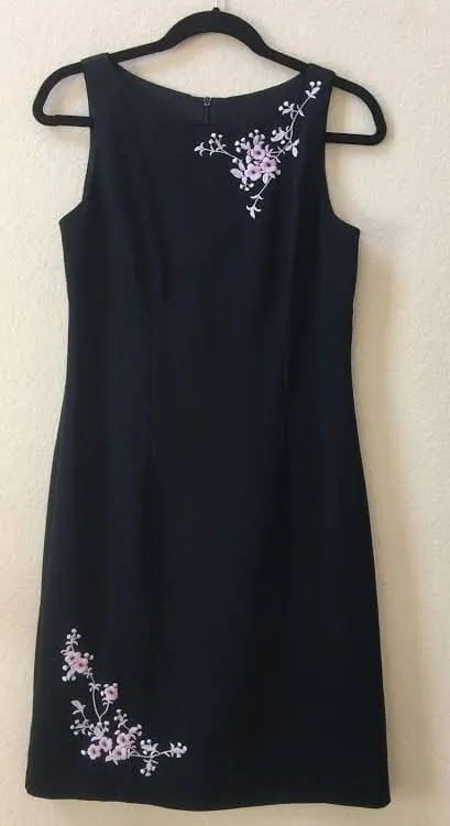 Black Embroidered Midi Dress | Sleeveless Floral Hand-Stitched Minimalist Dress