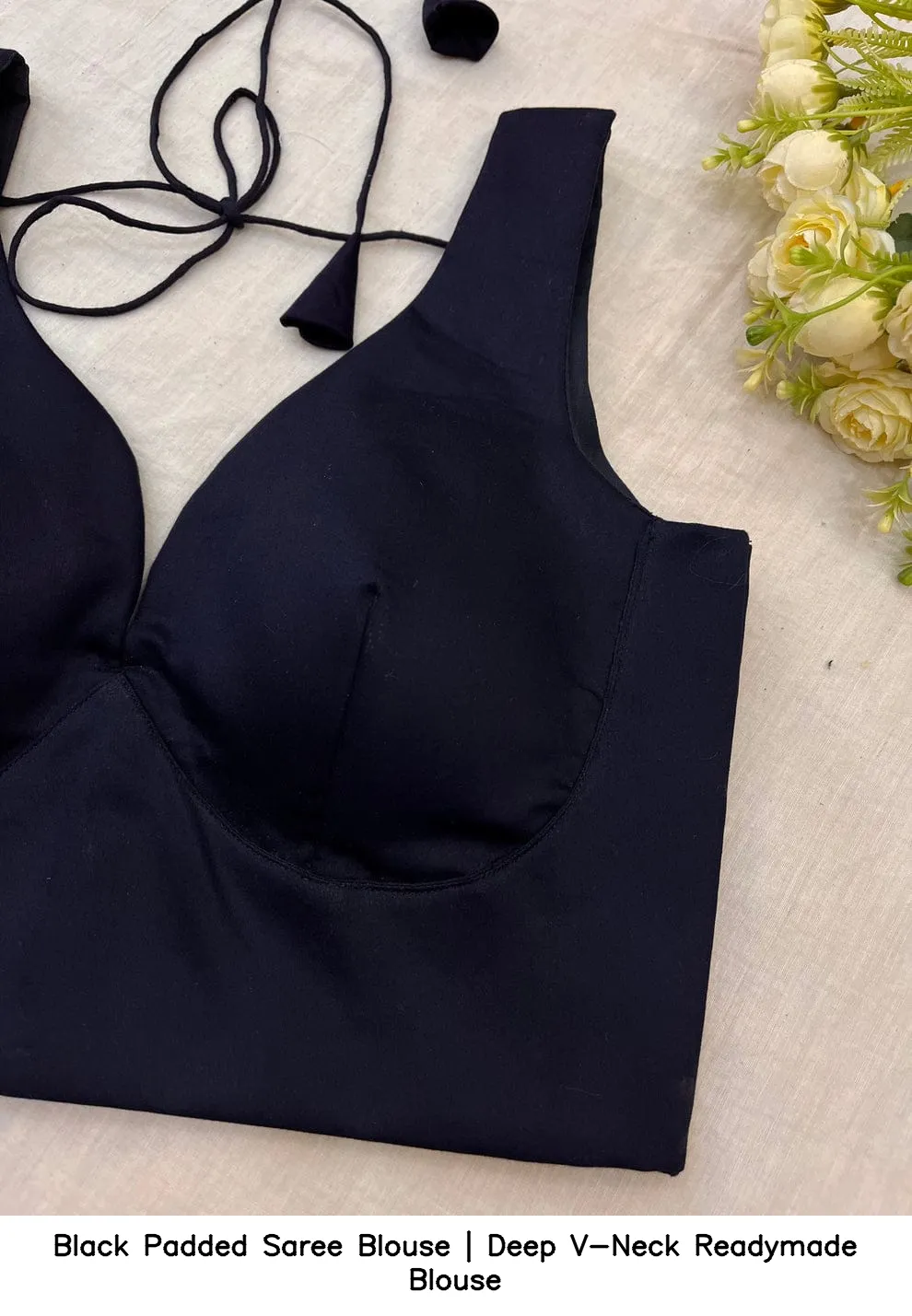 Black Padded Saree Blouse | Deep V-Neck Readymade Blouse 2