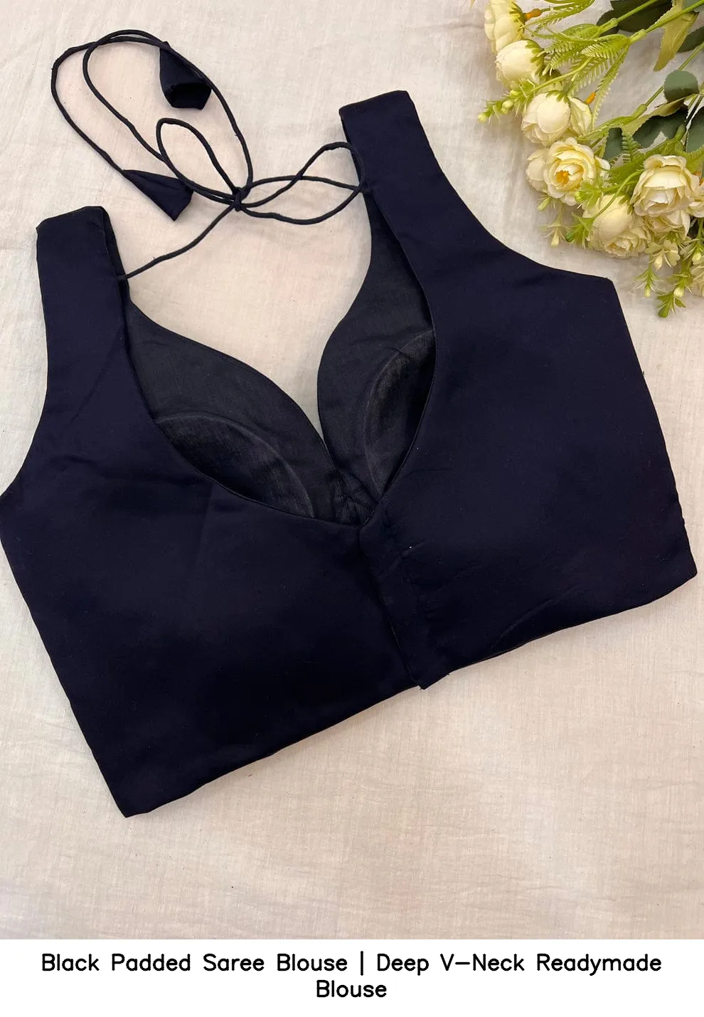 Black Padded Saree Blouse | Deep V-Neck Readymade Blouse 3