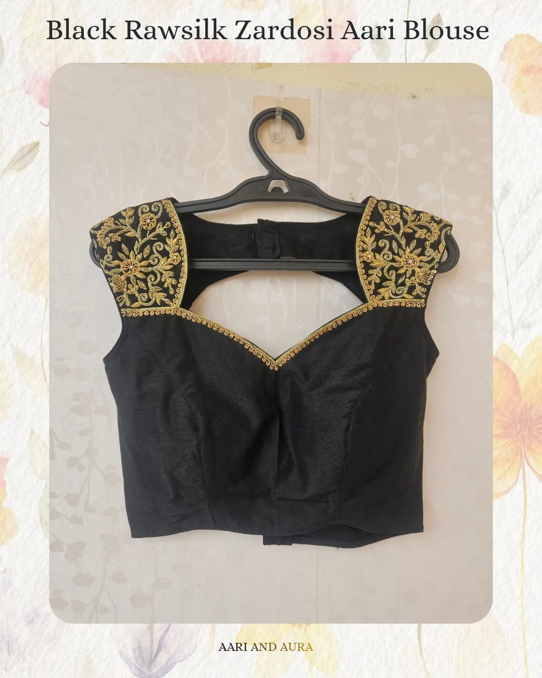 Black Raw Silk Blouse with Zardosi Aari Work – Handcrafted Designer Saree Blouse