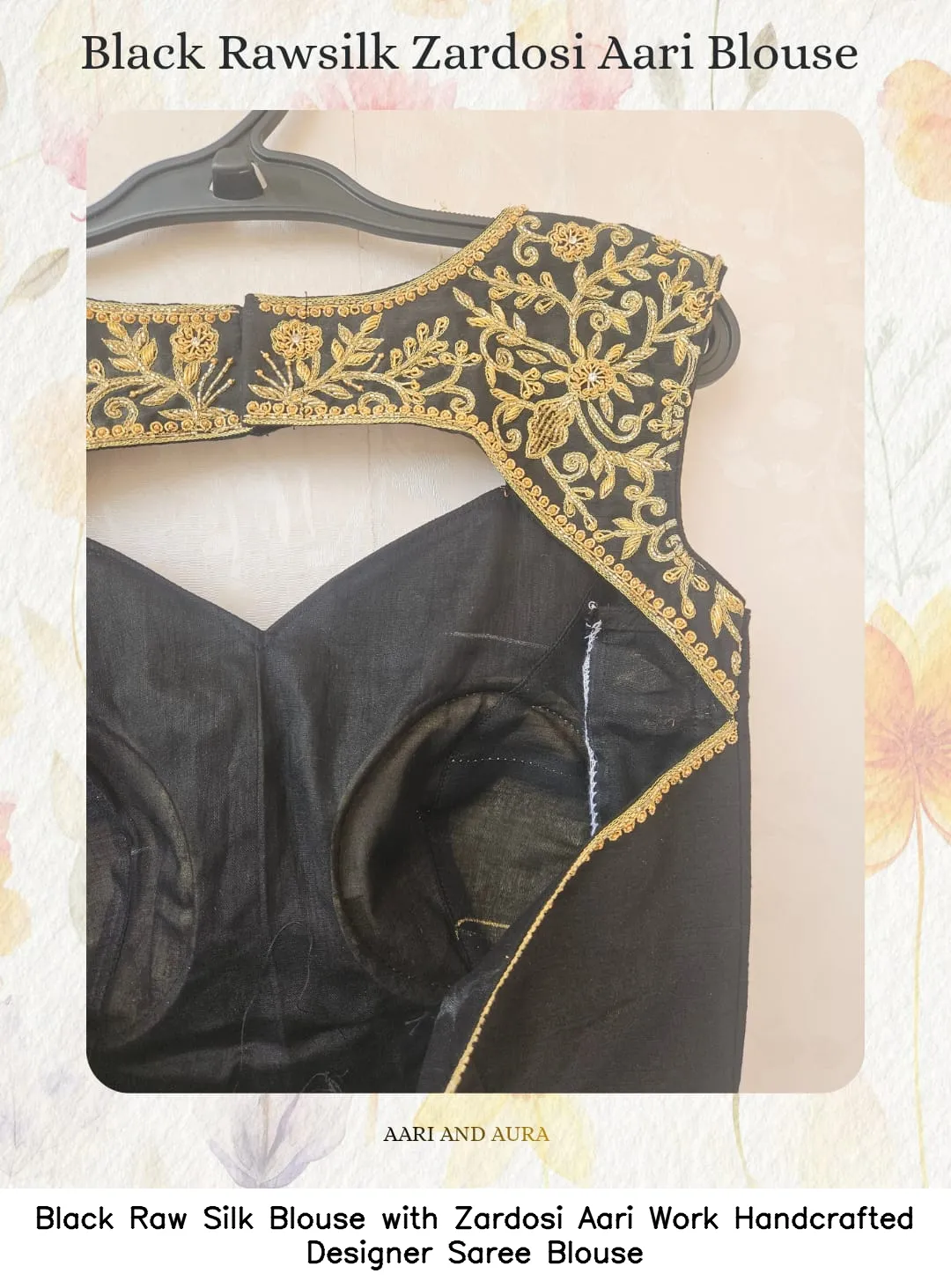 Black Raw Silk Blouse with Zardosi Aari Work – Handcrafted Designer Saree Blouse 2