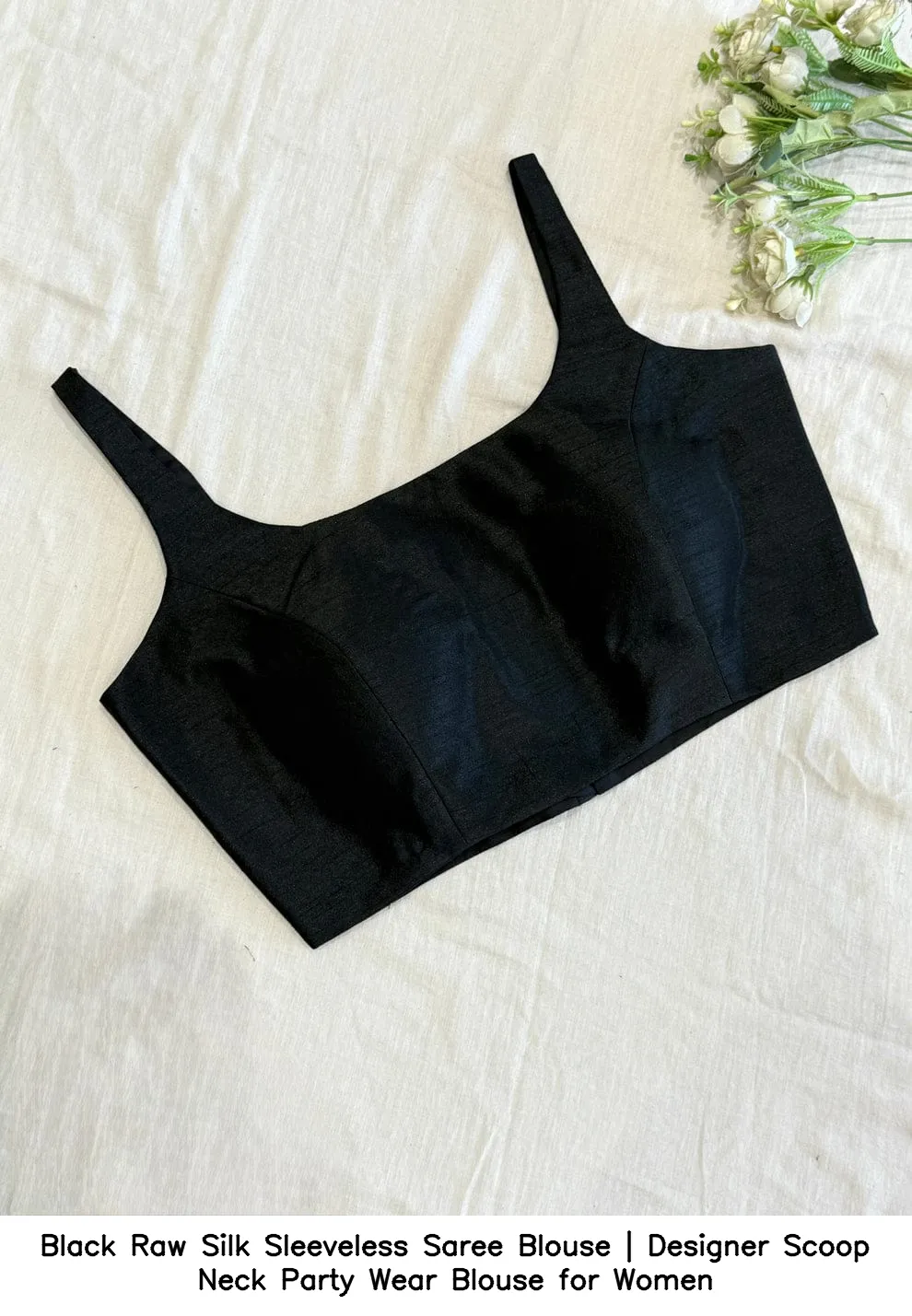 Black Raw Silk Sleeveless Saree Blouse | Designer Scoop Neck Party Wear Blouse for Women 3