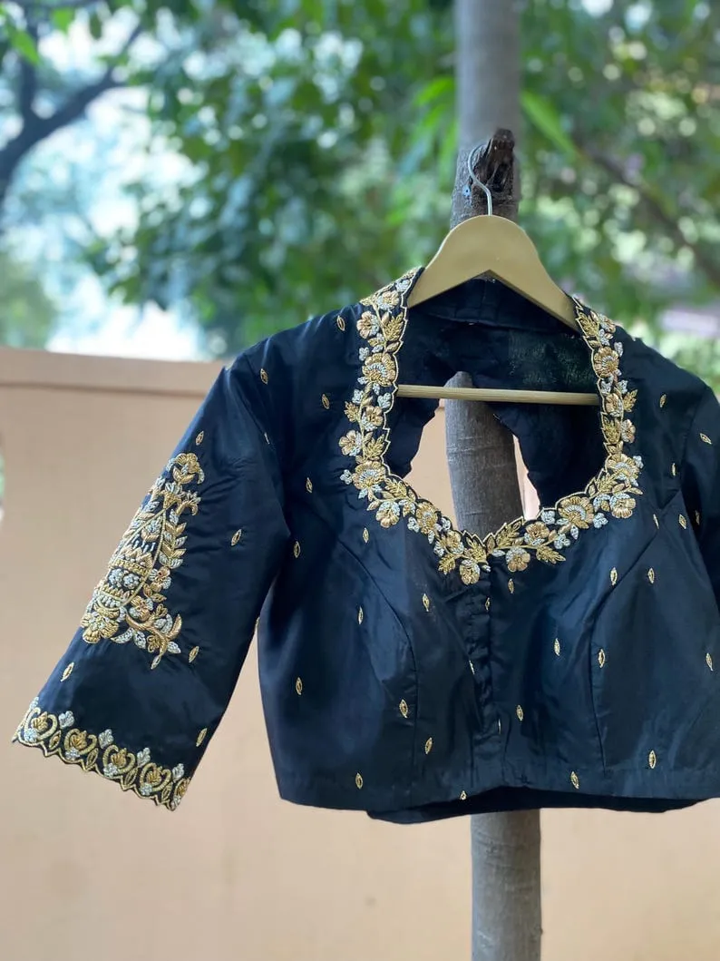 Black Silk Designer Blouse with Heavy Gold Zardosi Embroidery